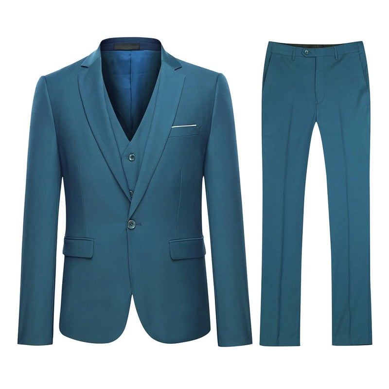 YFFUSHI Men's 3 Piece Suit Sets Slim Fit One Button Blazer with Vest & Pants, Professional Business Wedding Suits Teal Blue - Image 2